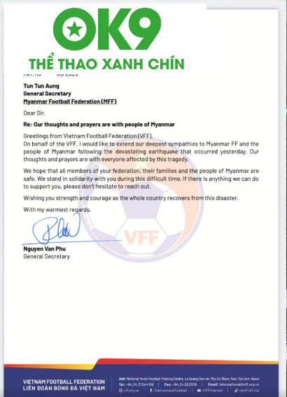 LĐBĐ Việt Nam gửi thư động viên tới LĐBĐ Myanmar LĐBĐ Việt Nam gửi thư động viên tới LĐBĐ Myanmar